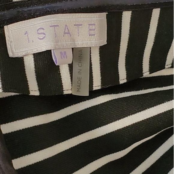 1.State Black and White Off the Shoulder Striped Faux Wrap Mini Dress Medium - Picture 6 of 6